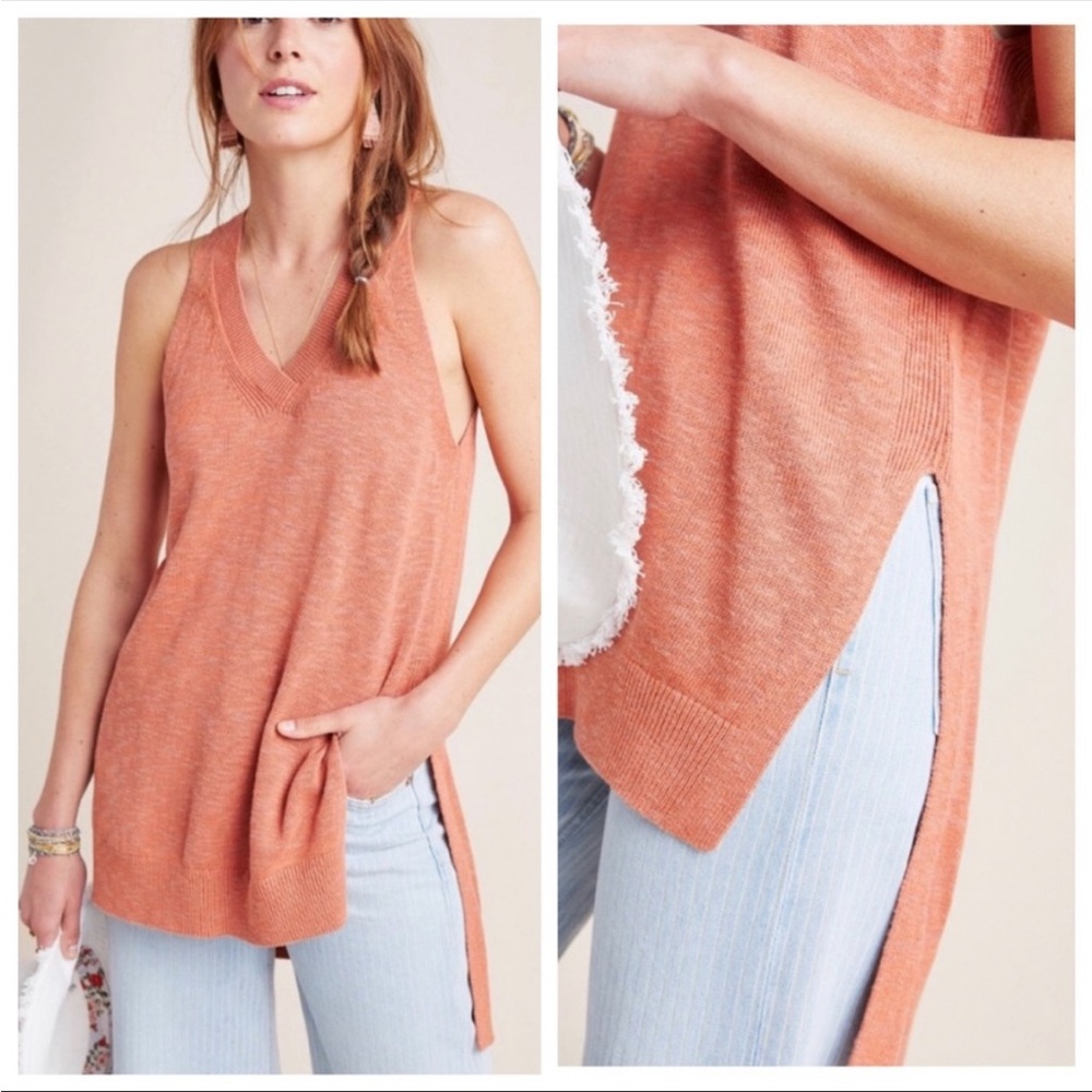 Anthropologie Sleeveless Knit V-Neck Tunic Top in Mango